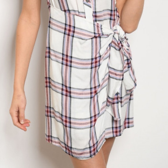 White Fall Plaid Tie Shirt Dress - Picture 3 of 7